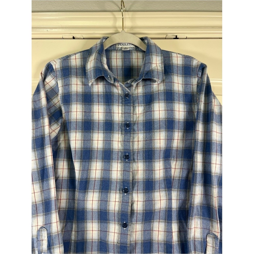 Pendleton Women's 100% Cotton Plaid Flannel Button Up Shirt Blue White Size M - Picture 2 of 12